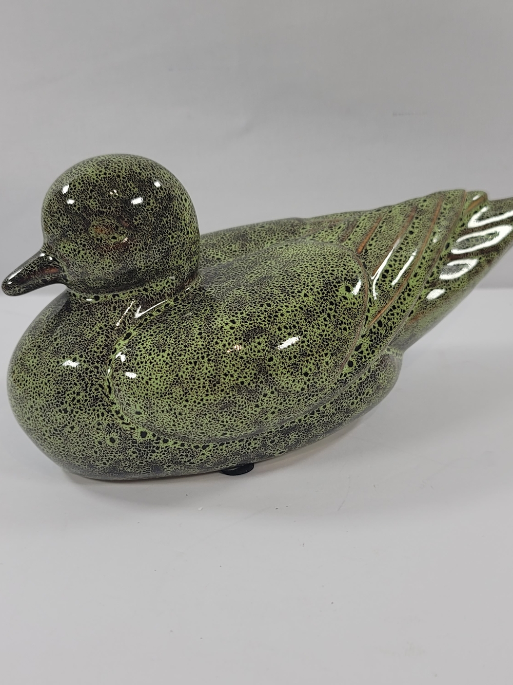 Glazed Ceramic Duck Figurine in Speckled Green - Picture 5 of 9